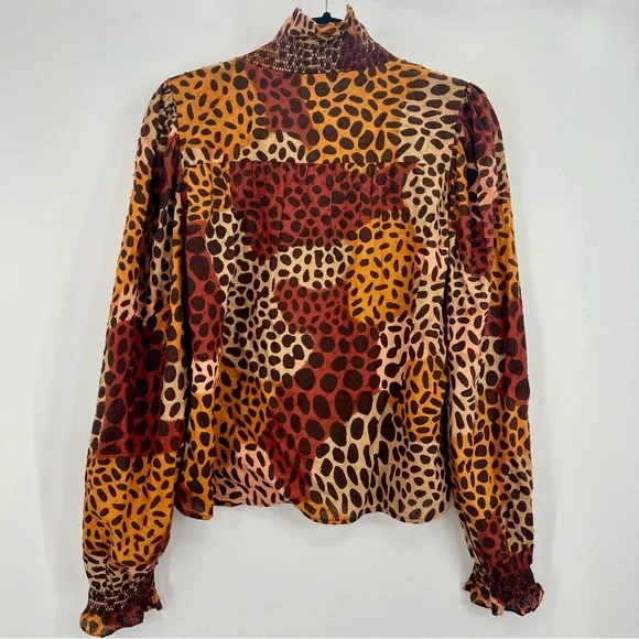 Love The Label Anthropologie Zuri Top Dotted Leopard Ruffle Button Shirt L - Picture 11 of 15